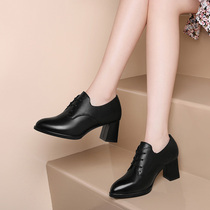 Coarse heel heels high heels 2021 new spring autumn leather shoes black soft leather comfort without tired feet to work shoes