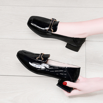 Inlen Small Leather Shoes Women Lefu Shoes 2021 New Spring Mid Heel Single Shoes Black Soft Leather Rough Heel Lacquered Leather Bean Shoes