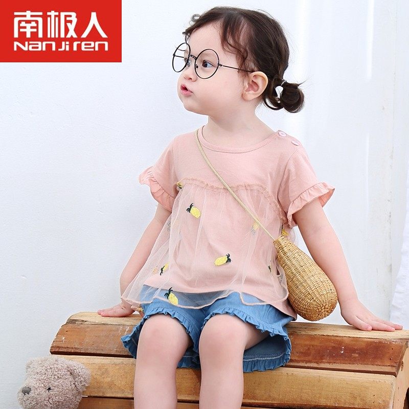 Baby short-sleeved T-shirt pure cotton top Korean version of mesh summer dress baby children's bottoming shirt summer half-sleeved girl trend