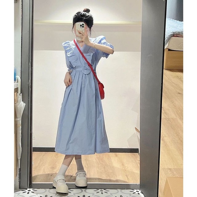 2024 New French V-neck Shirt Dress Women's Summer Ruffle Design Gentle Style Long Skirt