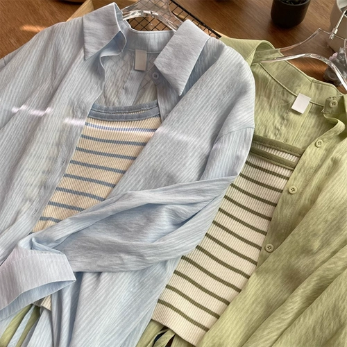 Лонгслив, комплект, одежда для защиты от солнца, осенняя синяя рубашка, французский стиль, эффект подтяжки, свободный крой