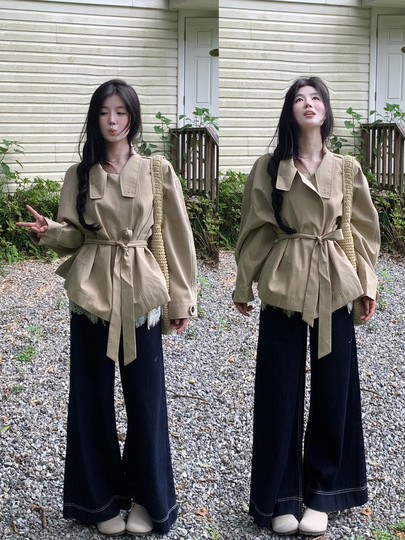 British style retro stand-collar short windbreaker jacket, feminine Korean style winter wear, strappy waist jacket top