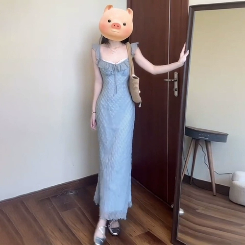 Синий летний гаечный ключ, базовая приталенная длинная юбка, эффект подтяжки, подходит для подростков, французский стиль