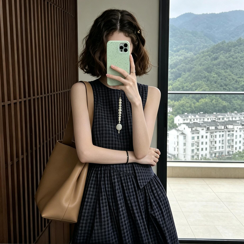 Retro Plaid Lace-Up Sleeveless Dress for Women, Summer 2026 New French Style Waist-Cinching Slimming and Very Beautiful Long Dress Retro Plaid Lace-Up Sleeveless Dress for Women, Summer 2026 New French Style Waist-Cinching Slimming and Very Beautiful Long Dress