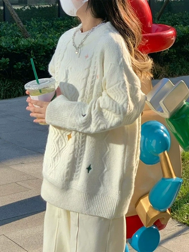 Японский стиль, древний ленивый стиль, свободная белая вязаная женская женская весна и осенью Новый вязаный нишевый дизайн.