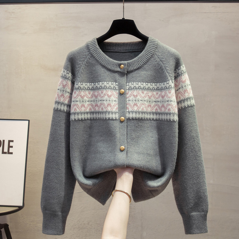 Fair Isle Round Neck Jacquard Knit Cardigan for Women, Loose Color-Block Sweater Coat, New Autumn and Winter Korean Fashion Top