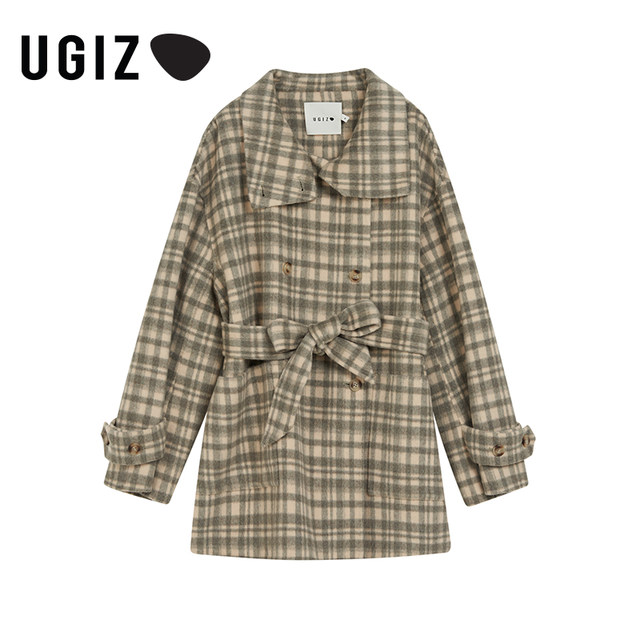 UGIZ2021 ລະດູຫນາວໃຫມ່ເຄື່ອງນຸ່ງຫົ່ມຂອງແມ່ຍິງແບບເກົາຫຼີຂອງ temperament retro plaid ສອງດ້ານ woolen coat ແມ່ຍິງ UDHE806