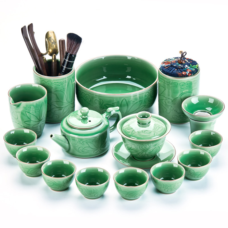 Xin Art Edge Home Gift Office Cover Bowl Teapot Teapot set of ceramic Kung Fu tea set Set high-end Shadow green porcelain tea set