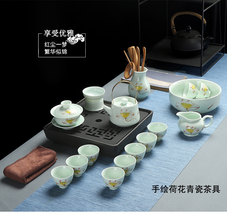 A complete set of tea cups celadon kung fu tea set tea tea pot lid bowl tea hand - made ceramic tea set