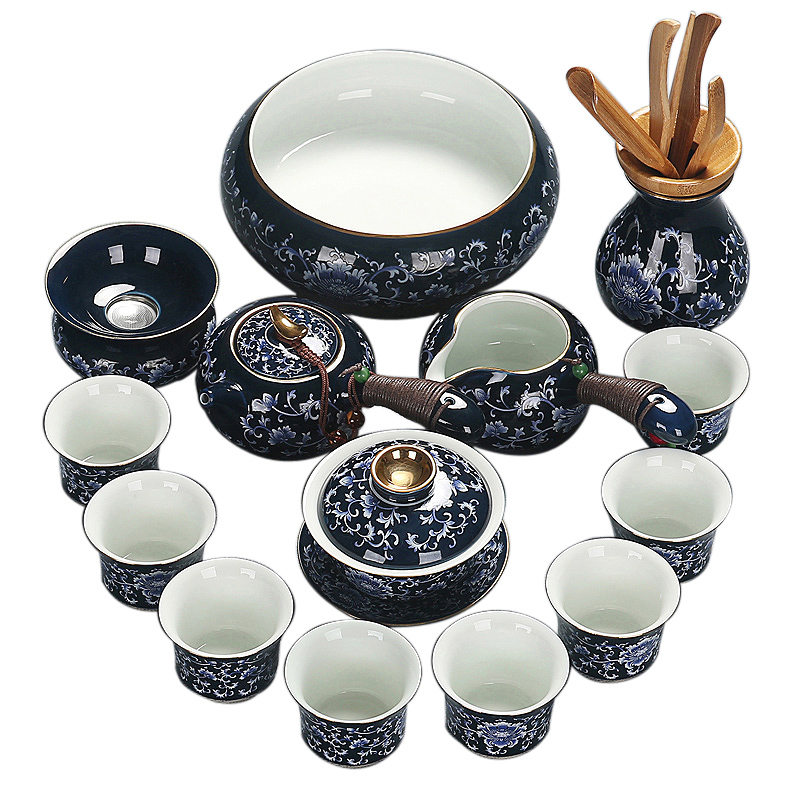 Household tureen teapot teacup tea mercifully tea art office kung fu ji blue see colour of a complete set of ceramic tea set