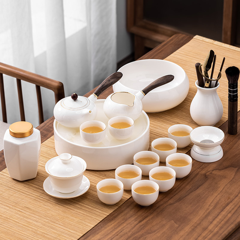 High-end sketching Han white jade porcelain tea set Dehua Home Goat Fat Jade Porcelain Lid Bowl White Porcelain side to make teapot tea cup ceramic