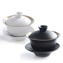 Ceramic Sansai bowl Tea bowl Kung Fu tea set Tea preparation Teacup Japanese Zen style black and white coarse pottery tea cover bowl