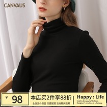 DBS high-neck polished plus velvet padded women solid color slim top long sleeve black warm base shirt 367B