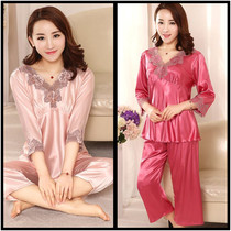 2017 spring and summer new exquisite lace V-neck silk pajamas womens simulation silk solid color home dress set