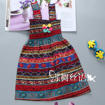 Cute girls elastic sundress new summer childrens cotton and hemp camisole national style dress