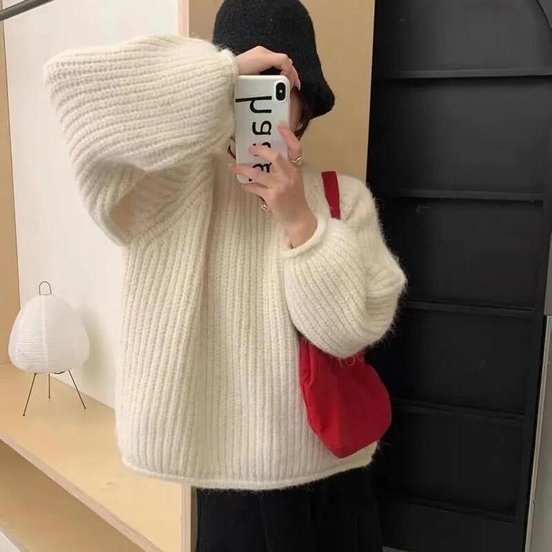Gentle Style Solid Color Thickened Lantern Sleeve Round Neck Sweater for Women, New Autumn and Winter Korean Style Loose Rolled Edge Chunky Knit Sweater