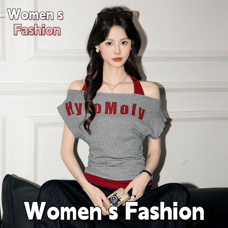 American Style Fake Two-Piece Short-Sleeve T-Shirt for Women 2026 New Summer Halter Neck Off-Shoulder Waist-Cinching Slimming Top