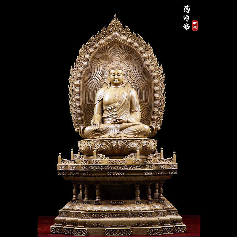 Large sunken fragrant wood carving drug master Buddha Wenshu Pyeongkuanyu Guanyin Sanbao Buddhist statues craftsmanship Gift to the Millver Living room swinging pieces