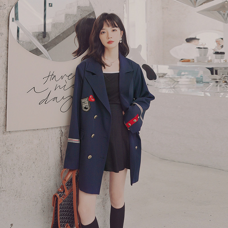 Navy blue suit jacket female spring and autumn British style 2021 new small loose temperament student small suit trend
