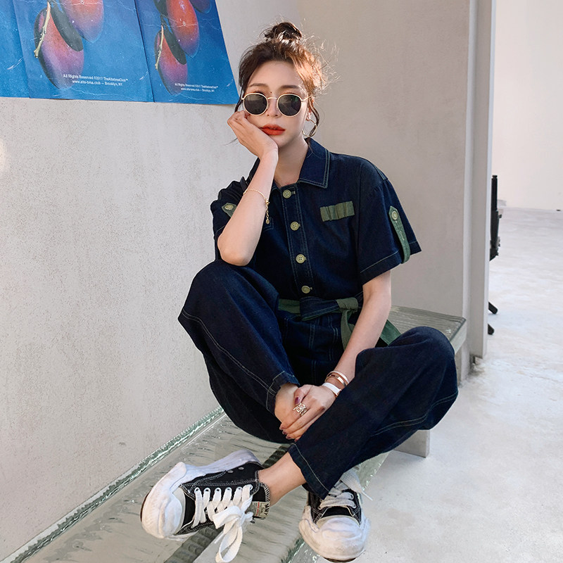 Handsome contrast denim workwear jumpsuit women's summer thin 2021 new foreign gas age reduction slim one-piece suit tide