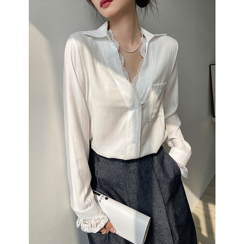 French-Style V-Neck White Shirt for Women, Spring and Autumn 2025 New Lace Splicing Long-Sleeve Shirt with a Sense of Design, Pure and Desirable