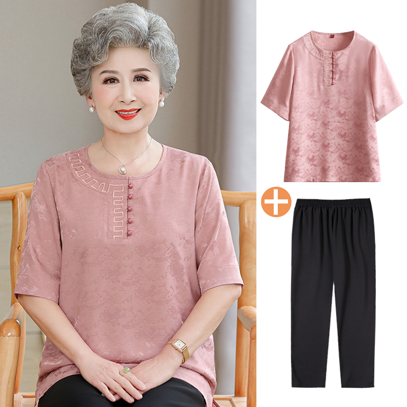 Grandma's Ice Silk Half-Sleeve T-Shirt for 70-80 Year Old Mothers and Wives, Short-Sleeve Top Clothing, Elderly Women's Summer Outfit Set