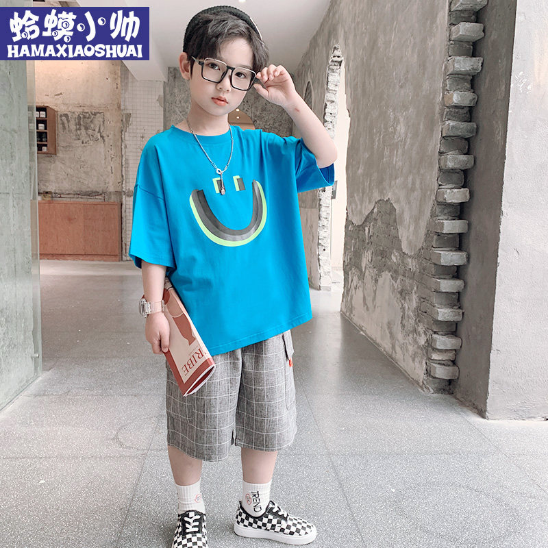 Boy short sleeve suit Summer 2022 New trendy CUHK Boy Tide Card Boy Clothing Boy Two Sets of Summer Tide