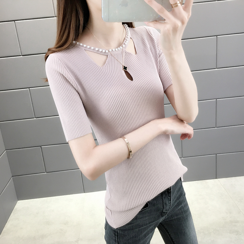 Ice lụa phụ nữ ngắn tay 2020 mới sexy cơ thể xây dựng móng tay đính cườm áo đáy mỏng t-shirt mặc phụ nữ