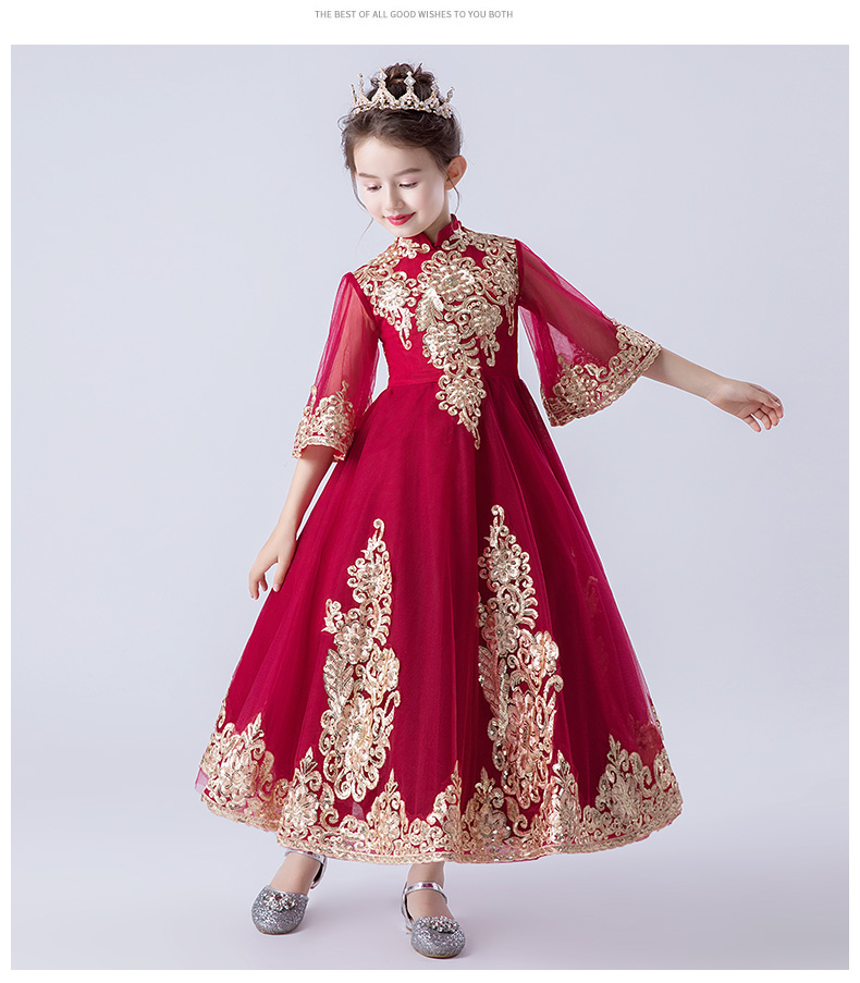 Váy hoa cô gái nữ đám cưới cô gái công chúa váy đỏ fluffy dài tay cưới chủ nhà biểu diễn trang phục mùa thu váy công chúa cho bé gái 12 tuổi