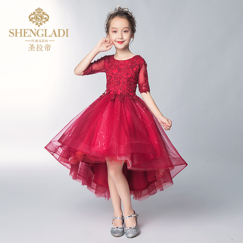 Flower Boy Gown Girl Child Wedding Dress Girl Princess Dress Red Wedding Fluffy Yarn Boy Dress Small Host Acting Out-Taobao