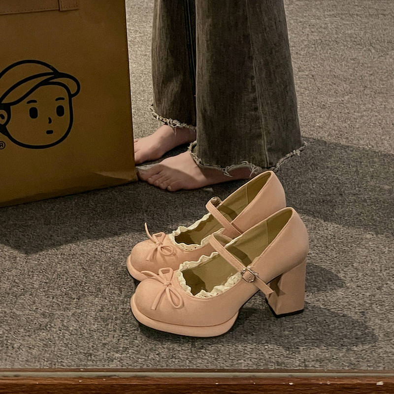 Sweet Style Bow-Knot Mary Jane High-Heeled Shoes for Women 2026 New Summer Versatile Chunky Heel Lace-Trimmed Shallow-Mouthed Single Shoes
