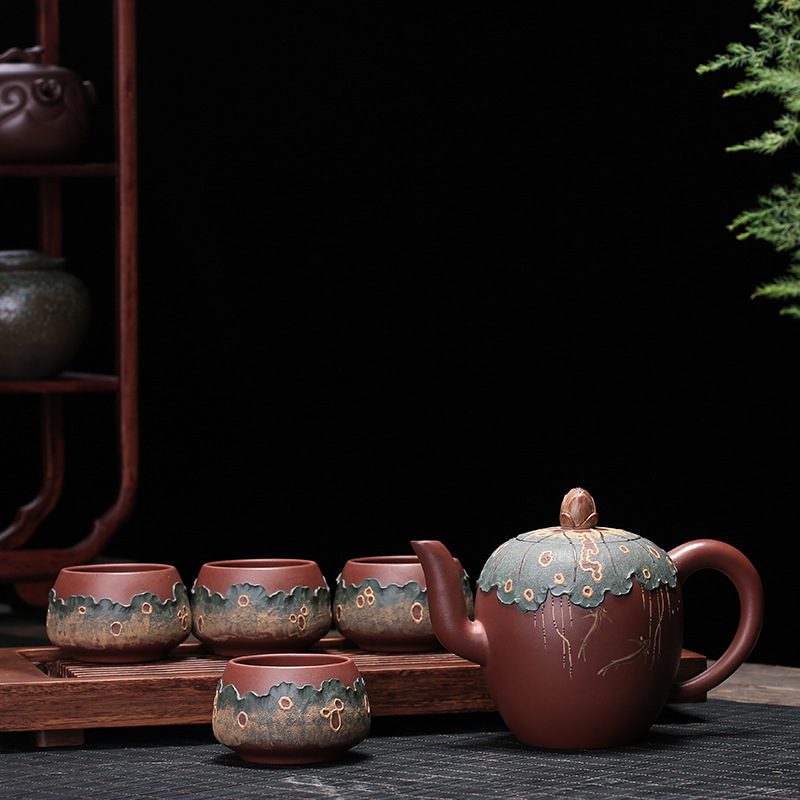 Yixing it tea undressed ore purple clay mud painting manually kung fu tea sets tea pot teapot tea cups
