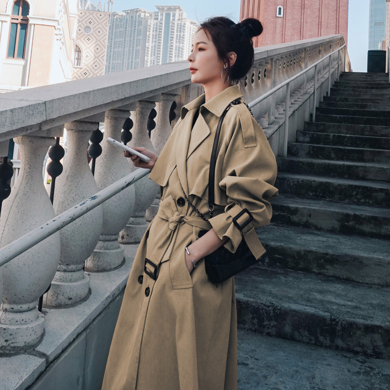 Popular solid color British style khaki windbreaker women's mid-length version 2022 spring and autumn new Korean version over-the-knee coat jacket