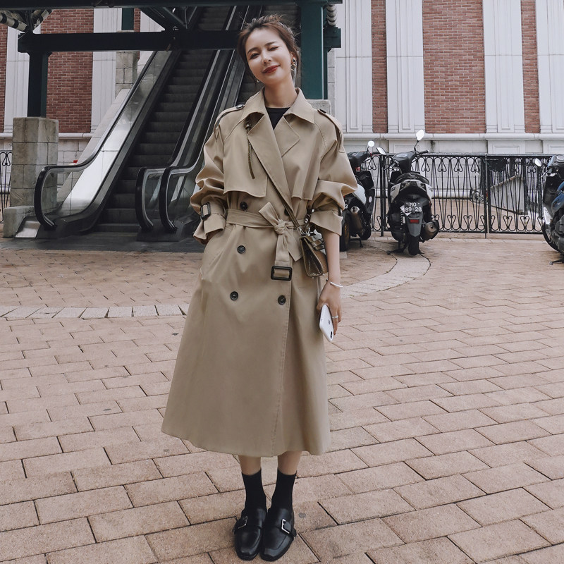2022 spring and autumn new khaki popular windbreaker women's mid-length Korean version loose over the knee British style coat jacket