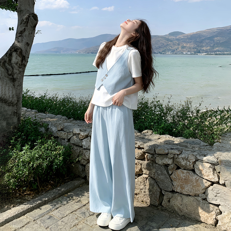 Korean Casual Style Light Blue Suit for Women 2026 Summer New Fake Two-Piece Top High-Waisted Wide-Leg Pants Two-Piece Set
