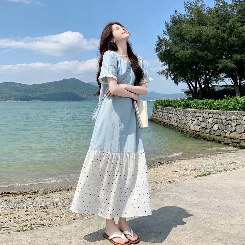 Vacation Style Blue Polka Dot Patchwork Dress for Women 2026 Summer New Sweet Girly Style Age-Reducing Elegant Long Dress