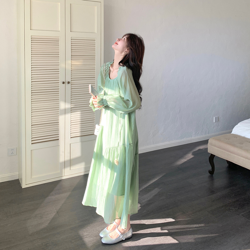 Green Forest-Style Elegant Long-Sleeved Dress for Women 2026 New Fairy-Like Fluttering A-Line Dress for Photo Shoots Green Forest-Style Elegant Long-Sleeved Dress for Women 2026 New Fairy-Like Fluttering A-Line Dress for Photo Shoots