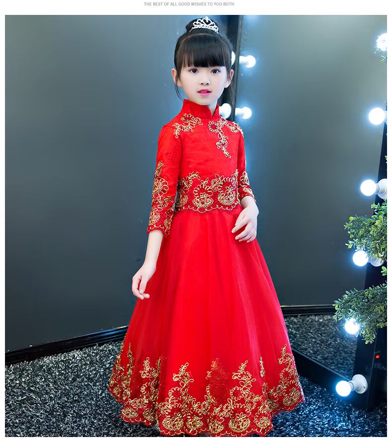 Váy hoa cô gái mùa đông đỏ đầm dạ hội sợi mịn công chúa dày áo bông con chủ trang phục trang phục váy trẻ em hàn quốc
