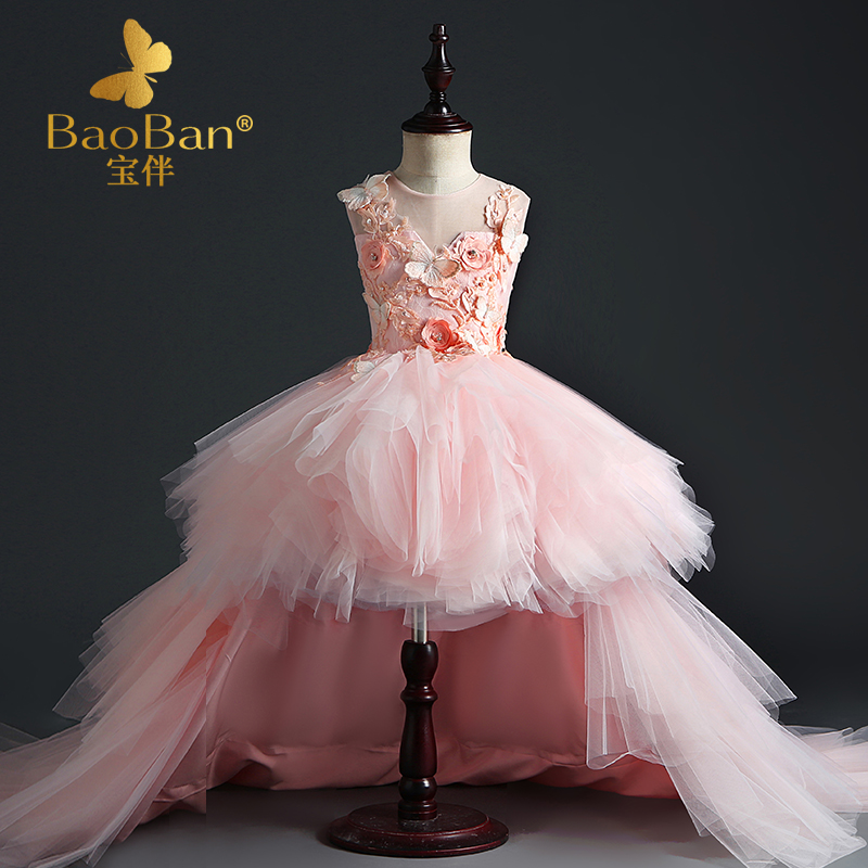 Đầm trẻ em công chúa váy hoa cổ tích màu hồng cô gái mẫu catwalk dạ hội nữ 2019 nhỏ chủ đuôi - Váy trẻ em váy dài tay bé gái