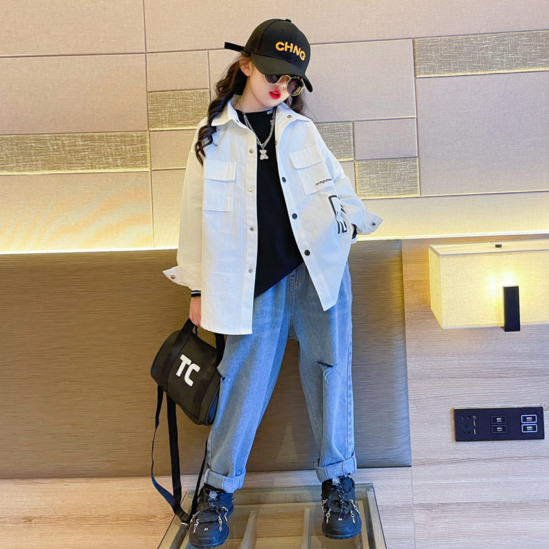 Korean shirt girl's long section 2023 fall new spring and autumn net infrared cover children's foreign air thin autumn clothes-Taobao