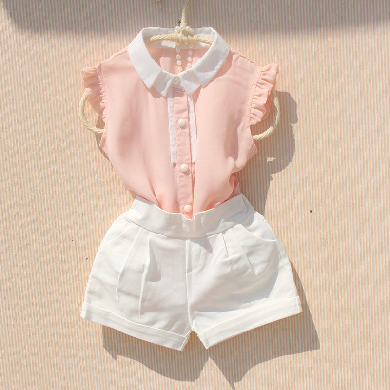 Girls suit summer 2021 new large children's shirt sleeveless T-shirt children's chiffon shirt shorts short-sleeved top tide