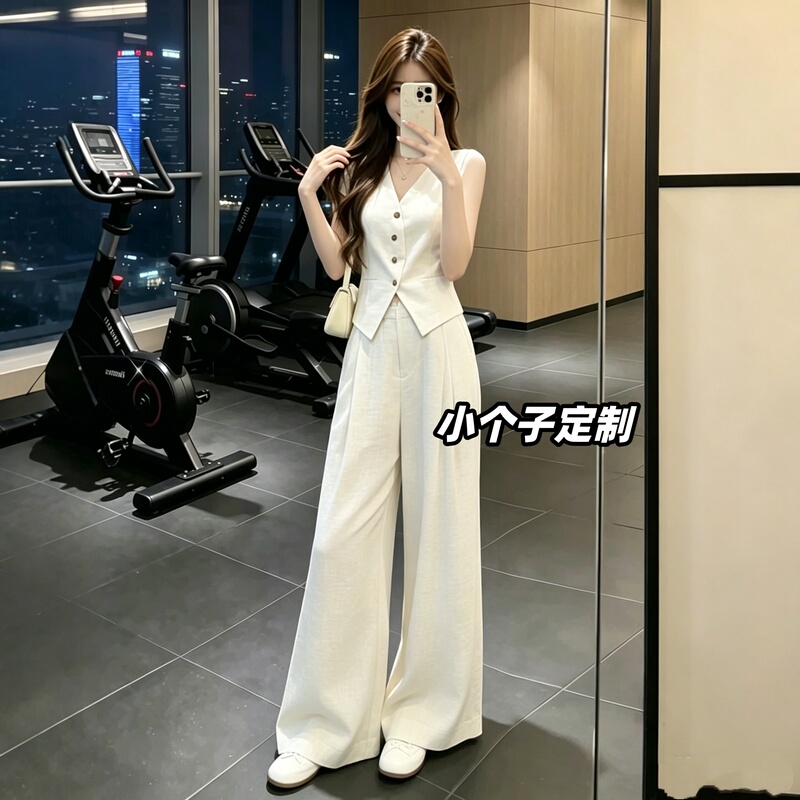 Suitable for Petite Women Around 150cm, a Complete Set of Old Money Style Linen Vest and Wide-Leg Pants Two-Piece Suit for Women in Summer