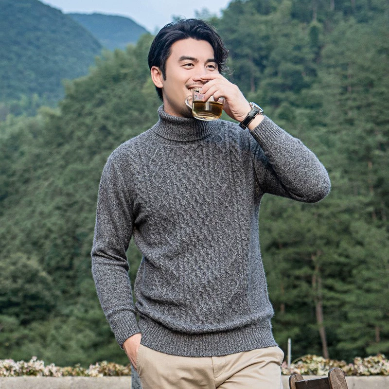 Áo len cashmere nam cashmere cao cổ dày len lỏng đan áo len thanh niên Hàn Quốc áo len jacquard nam - Áo len Cashmere