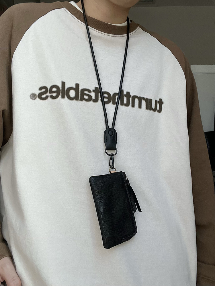 Ertishiyu Original Retro Simple Casual Leather Charcoal Black Neck-Hanging Card Holder Mini Coin Purse Mini Key Bag