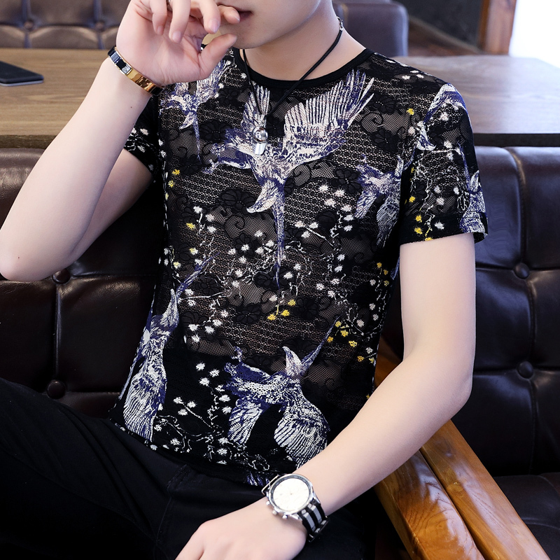 Hollow-Out Short-Sleeve T-Shirt for Men, Trendy Half-Sleeve Shirt for Young Men, Youth Round-Neck Half-Sleeve Lace Short-Sleeve Shirt for Men