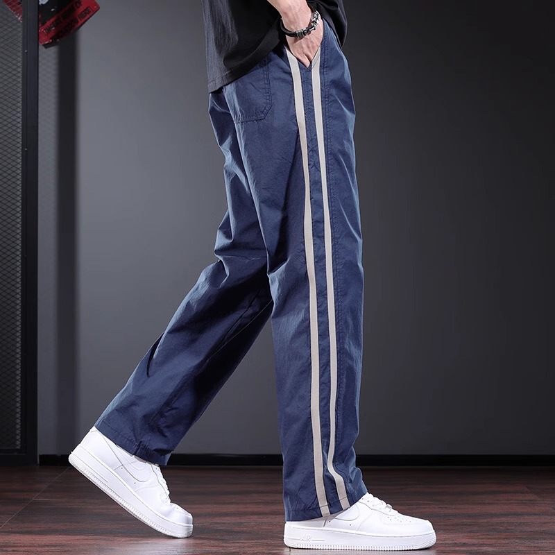 Italian American Design Striped Casual Pants for Men, Summer Thin Loose Straight-Leg Trendy Blue Pants