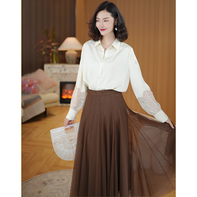 Guan Dong Feminine Niche Commuting Classic Versatile Long-Sleeve Lace Trim Cuff Satin Shirt Classic and Charming