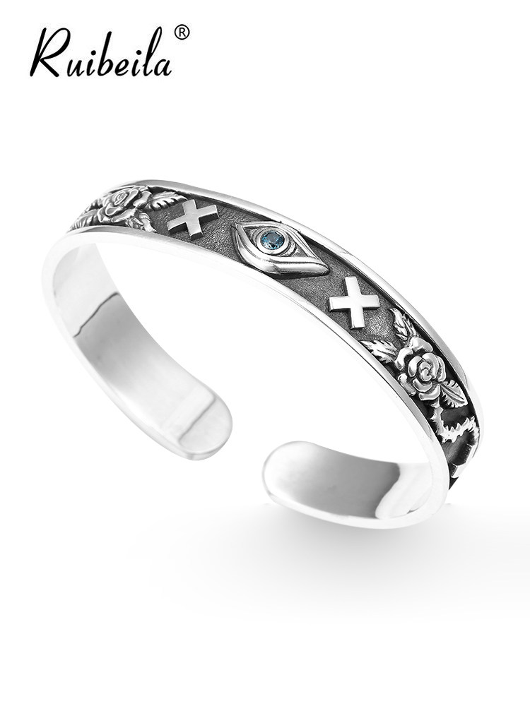 ruibeila cross symbol horus eye of god open bracelet s925 silver men's hip hop retro bracelet