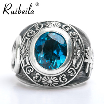 ruibeila925 silver handmade blue gem Topa stone ring face big men retro Silver silver ring ring ring cool