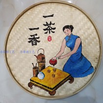 Bamboo sieve round dustpan painting bamboo flat sieve bamboo woven round pendant teahouse tea house wall hanging retro decoration